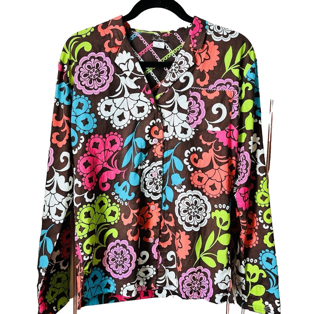 Vera Bradley Pajama Top‎ Camp Shirt Lola Pattern Preppy Cottage Cotton Size S